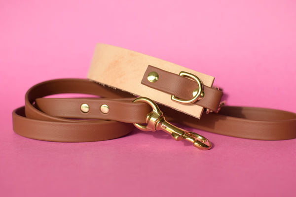 EXCLUSIVE LEATHER COLLECTION - Natural Tan & Medium Brown, Limited Edition Biothane and Leather Combo Martingale Dog Collar