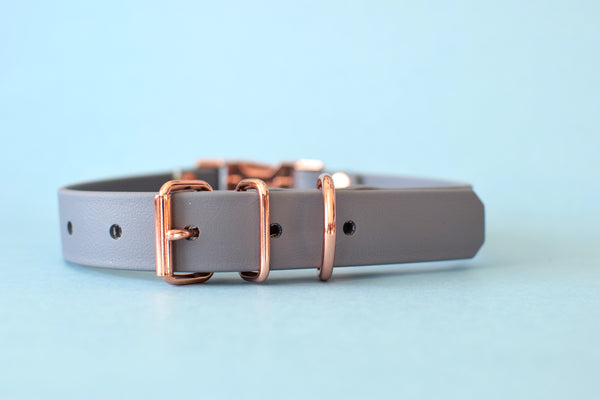 HARDWARE RETIREMENT SALE - Grey & Rose Gold Biothane Dog Collar