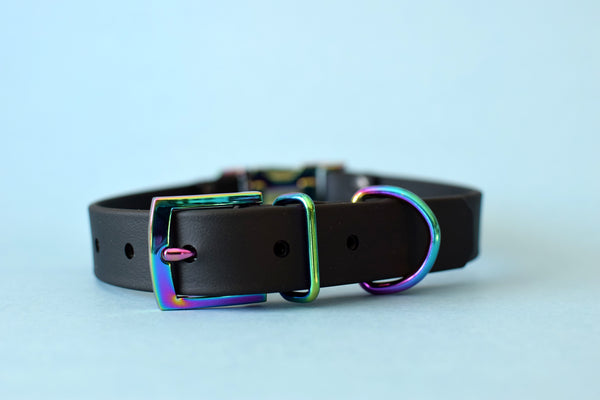 HARDWARE RETIREMENT SALE - Black & Gasoline Rainbow Biothane Dog Collar