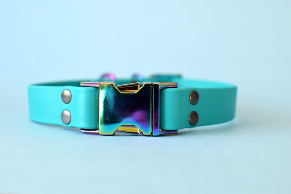 HARDWARE RETIREMENT SALE - Teal & Gasoline Rainbow Biothane Dog Collar