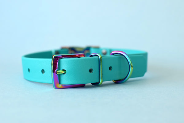 HARDWARE RETIREMENT SALE - Teal & Gasoline Rainbow Biothane Dog Collar