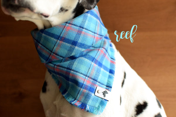 REEF Fringed Flannel Dog Bandana - Snap/Tie On Cotton Scarf