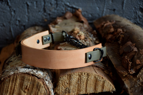 EXCLUSIVE LEATHER COLLECTION - Natural Tan & Olive, Limited Edition Biothane and Leather Combo Martingale Dog Collar