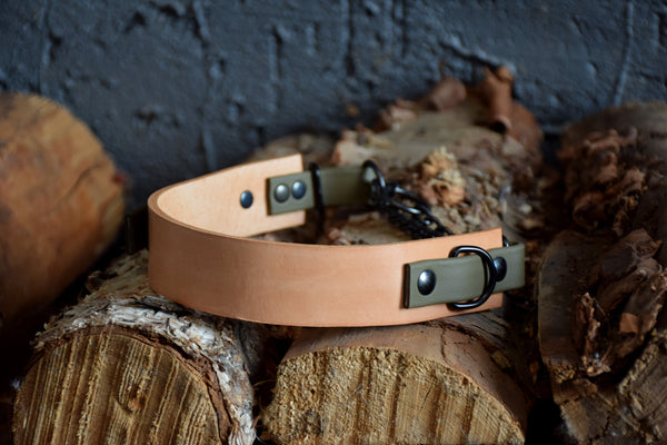 EXCLUSIVE LEATHER COLLECTION - Natural Tan & Olive, Limited Edition Biothane and Leather Combo Martingale Dog Collar