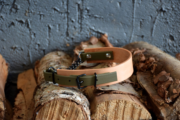 EXCLUSIVE LEATHER COLLECTION - Natural Tan & Olive, Limited Edition Biothane and Leather Combo Martingale Dog Collar