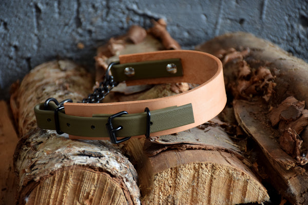 EXCLUSIVE LEATHER COLLECTION - Natural Tan & Olive, Limited Edition Biothane and Leather Combo Martingale Dog Collar