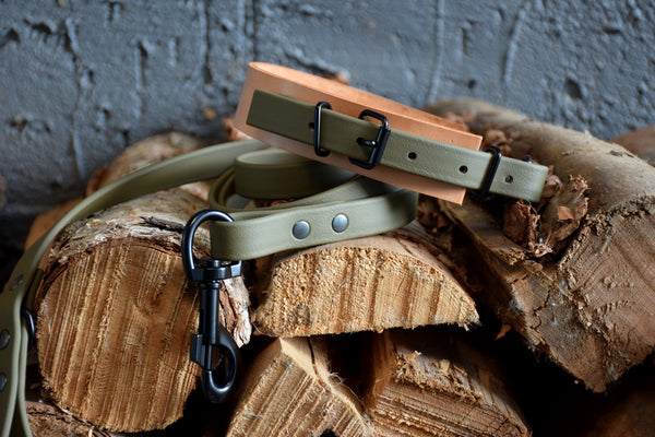 EXCLUSIVE LEATHER COLLECTION - Natural Tan & Olive, Limited Edition Biothane and Leather Combo Martingale Dog Collar