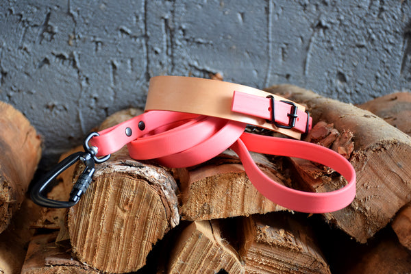 EXCLUSIVE LEATHER COLLECTION - Natural Tan & Coral, Limited Edition Biothane and Leather Combo Martingale Dog Collar