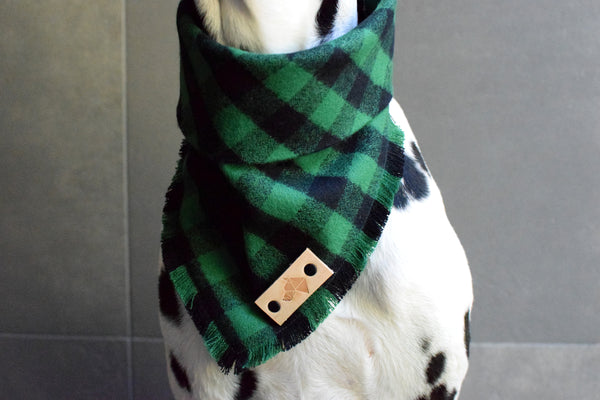 EMERALD Fringed Flannel Dog Bandana - Snap/Tie On Cotton Scarf
