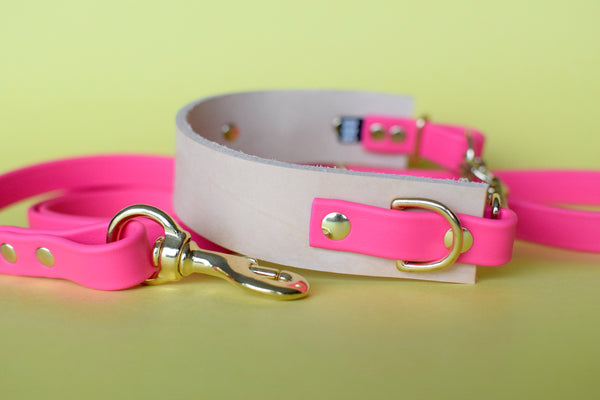 EXCLUSIVE LEATHER COLLECTION - Natural Tan & Fuchsia, Limited Edition Biothane and Leather Combo Martingale Dog Collar