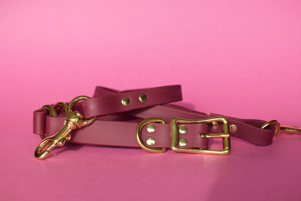 PREMADE COLLECTION - Burgundy Wine & Brass Convertible Biothane Hands-Free Waist Leash