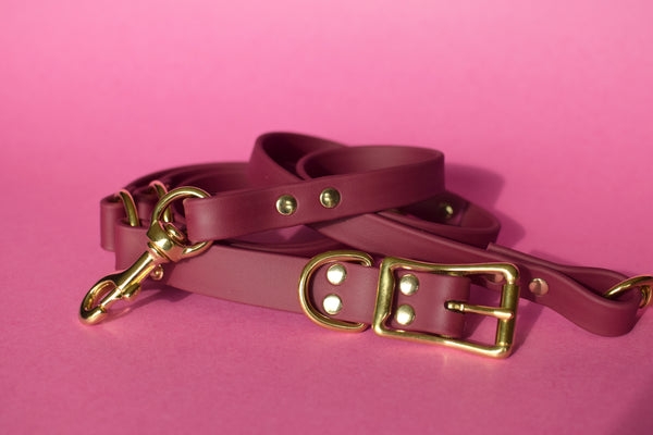 PREMADE COLLECTION - Burgundy Wine & Brass Convertible Biothane Hands-Free Waist Leash