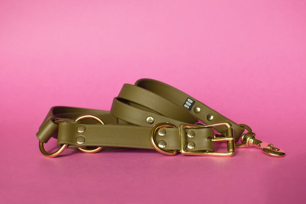 PREMADE COLLECTION - Olive & Brass Convertible Biothane Hands-Free Waist Leash