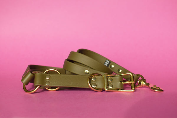 PREMADE COLLECTION - Olive & Brass Convertible Biothane Hands-Free Waist Leash