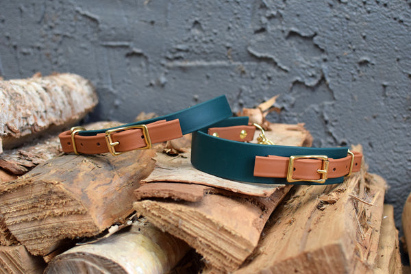 PREMADE COLLECTION - Forest Green & Tan Biothane Martingale Dog Collar