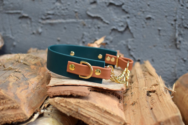 PREMADE COLLECTION - Forest Green & Tan Biothane Martingale Dog Collar