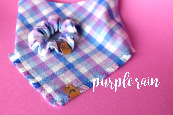 PURPLE RAIN Fringed Flannel Dog Bandana - Snap/Tie On Cotton Scarf