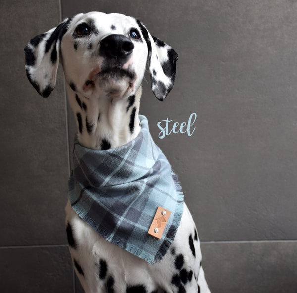 STEEL Fringed Flannel Dog Bandana - Snap/Tie On Cotton Scarf